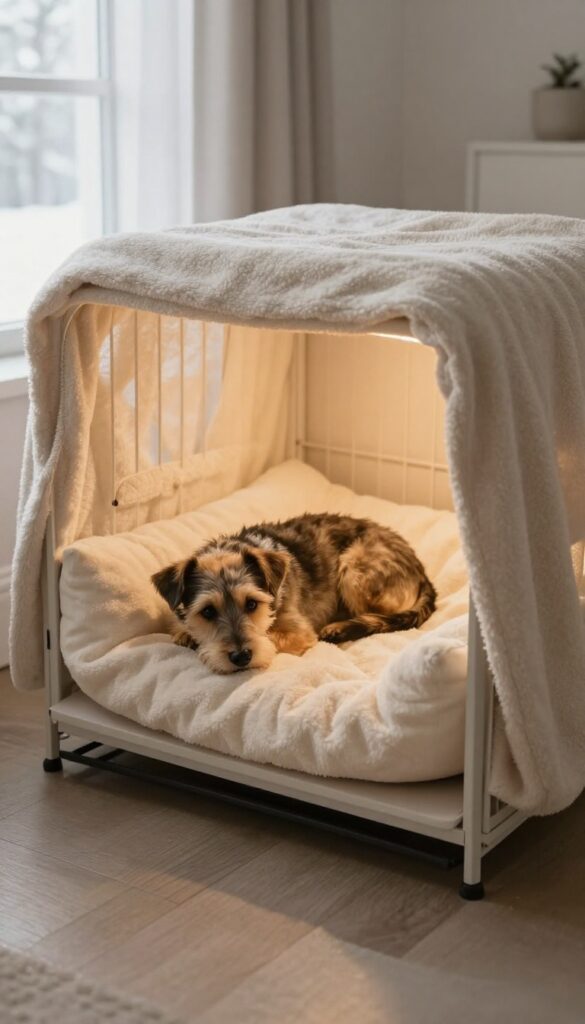 Cozy dog crate with heated bed for winter warmth