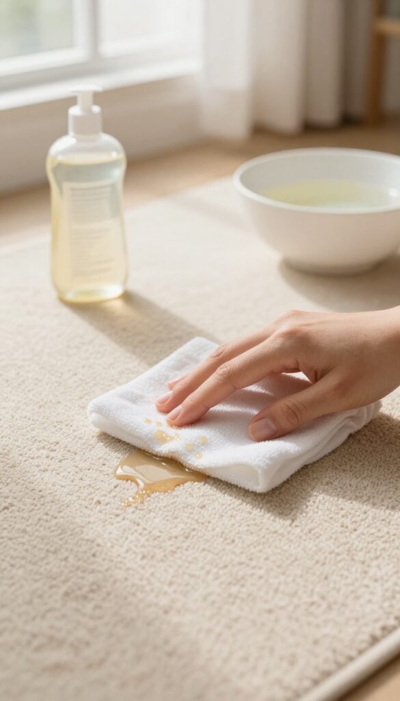 Cleaning a grease stain on a beige carpet with dish soap and warm water