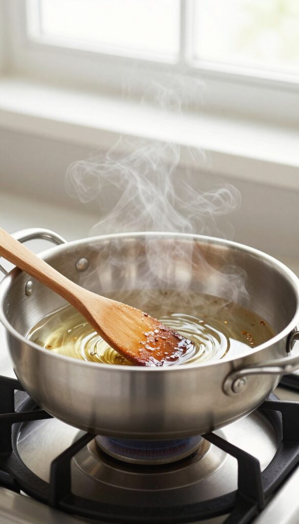 Deglazing a stainless steel pan with a wooden spatula to prevent scorching