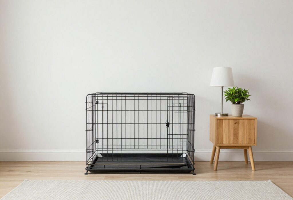 Dog crate styled as a side table in a small living room with lamp and plant