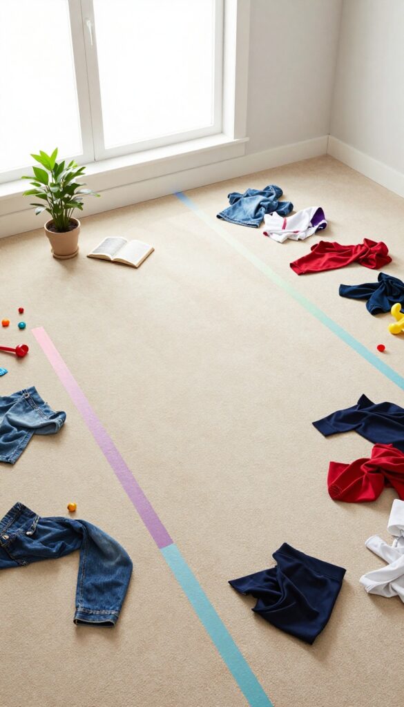 A messy bedroom floor divided into zones with one clean zone featuring a plant and book
