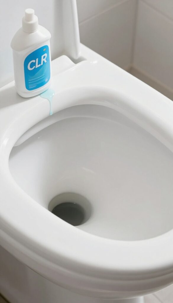 CLR cleaner being applied to a hard water ring in a toilet bowl