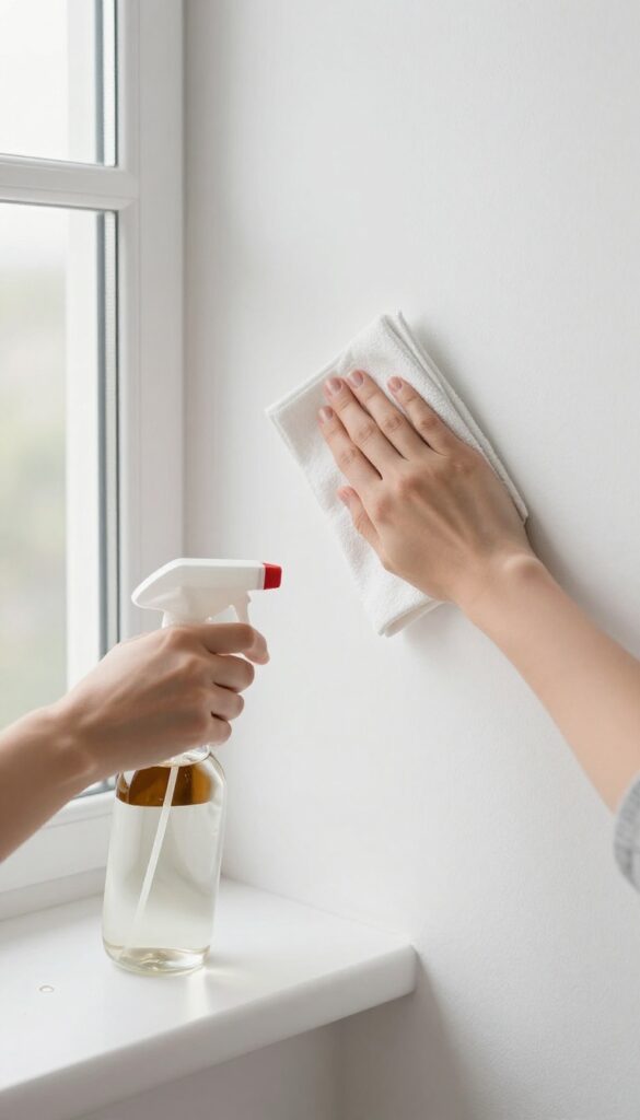 Person cleaning a painted wall with a microfiber cloth and a spray bottle of castile soap and essential oils
