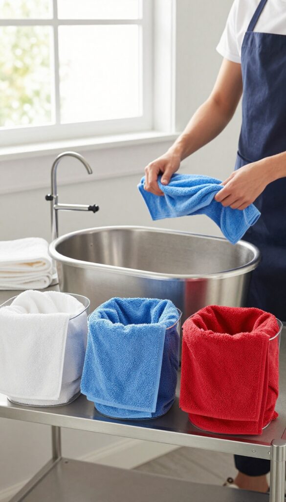 Color-coded towel system in a dog grooming trailer with white, blue, and red towels in separate bins.