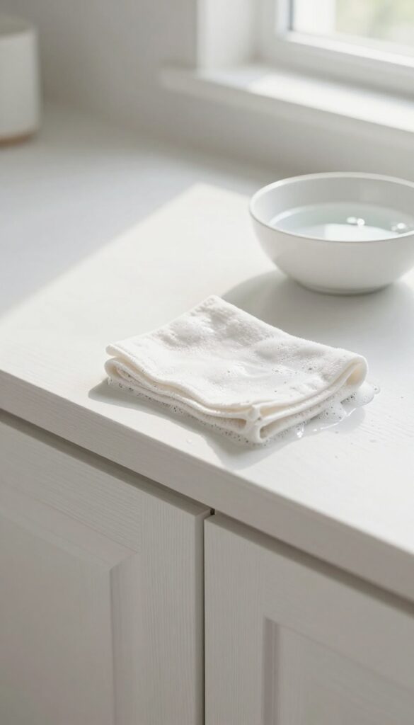 Cleaning kitchen cabinets with a microfiber cloth and dish soap solution
