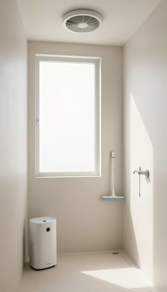 Bright bathroom with open window, exhaust fan, and dehumidifier to reduce humidity and prevent mold.