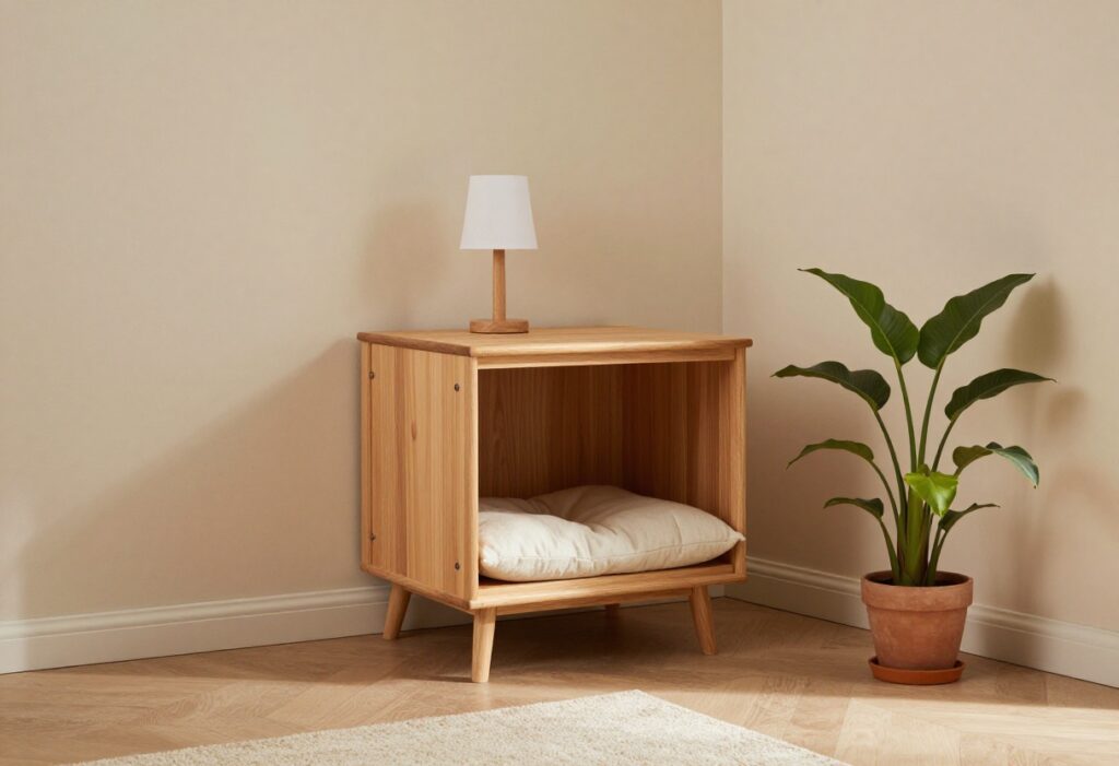 Stylish dog kennel decor blending into a living room with a lamp and plant