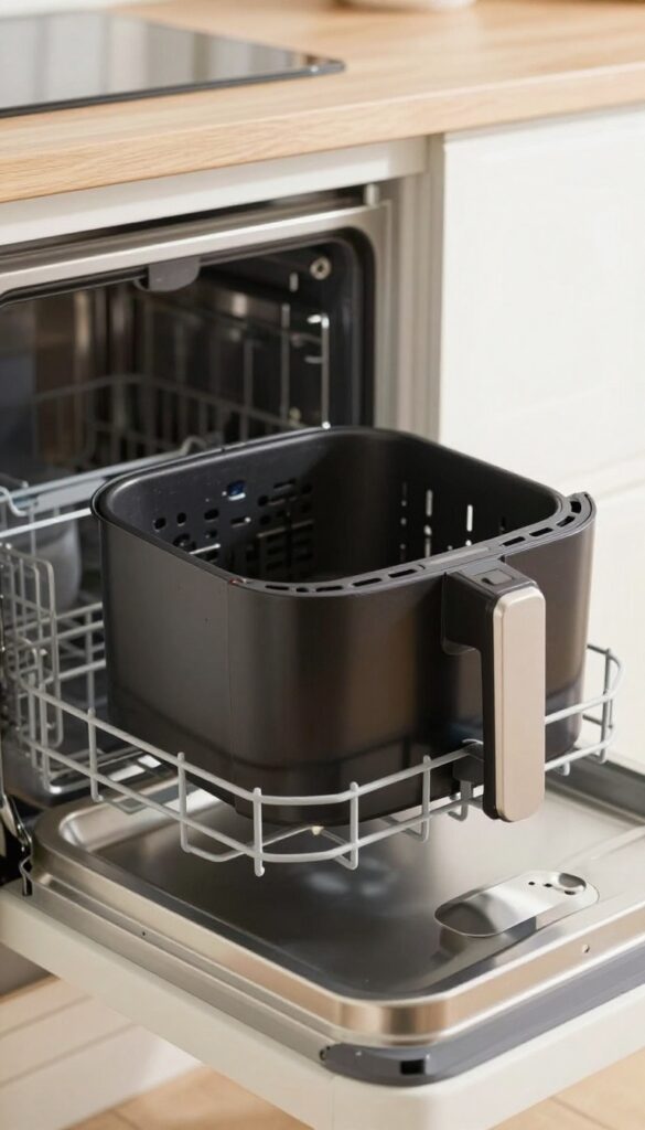 Air fryer basket on top rack of dishwasher for deep cleaning