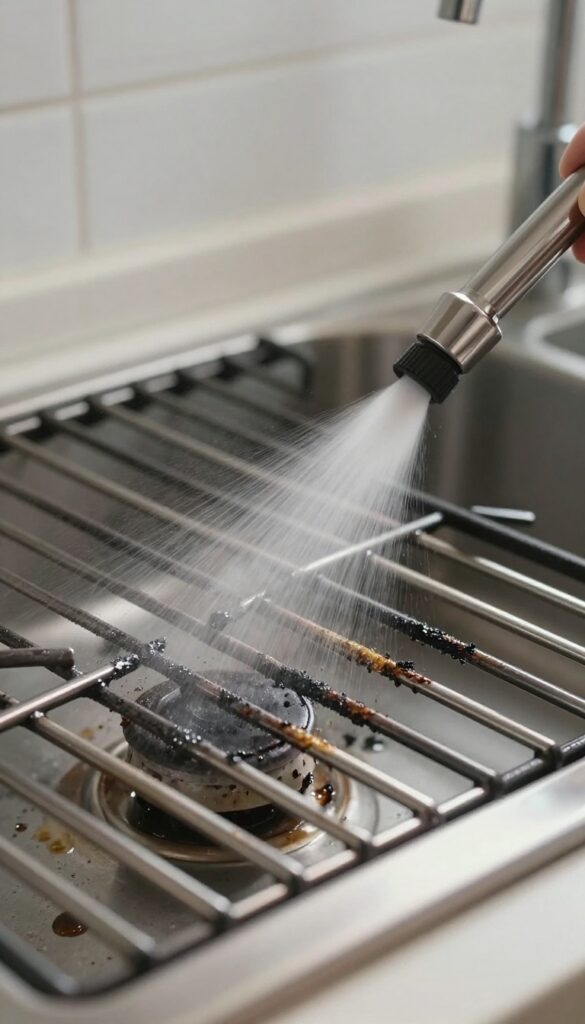 Spraying commercial degreaser on a greasy stove grate in a bright kitchen