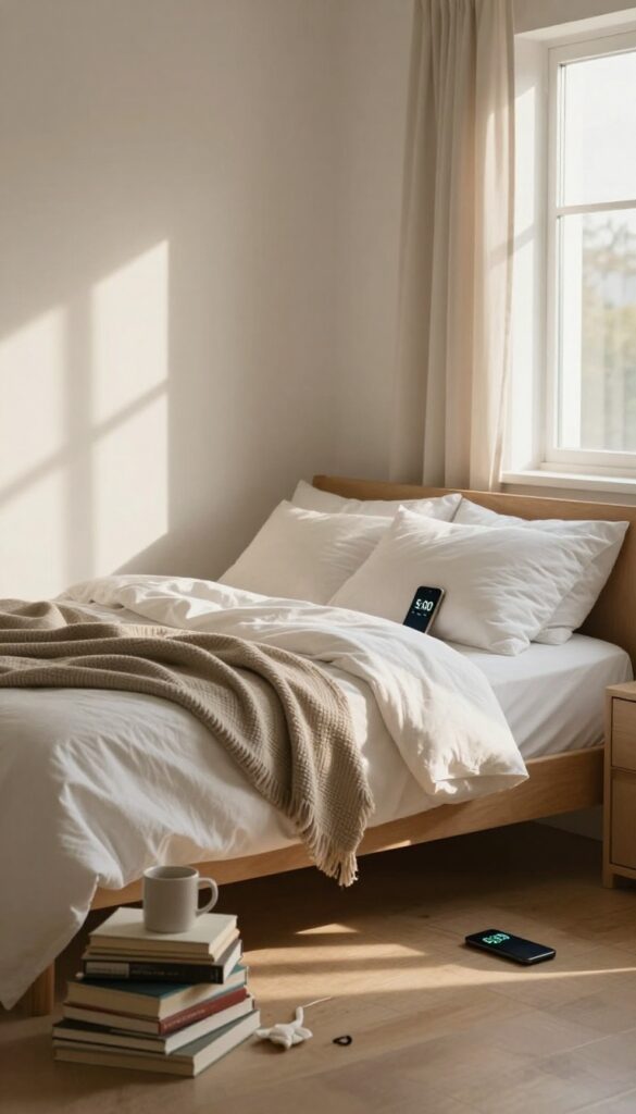 A cozy bedroom with natural light, a smartphone showing a 5-minute timer on a nightstand, and a half-made bed with minimal clutter.