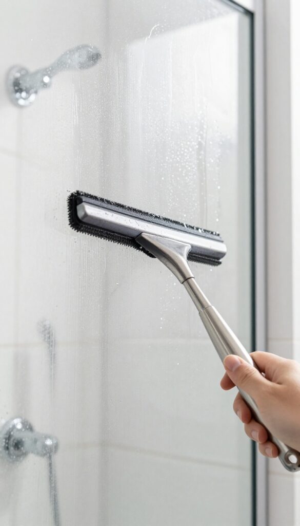 Hand using a squeegee on a wet shower glass door to prevent water spots and soap scum.