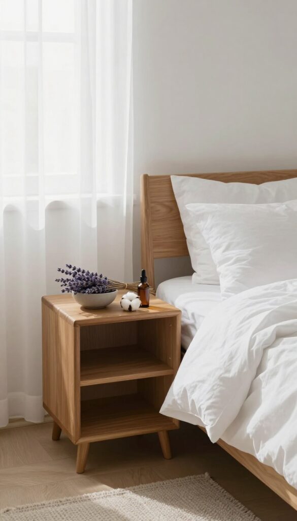 Bedroom with lavender and essential oil on nightstand for a pleasant scent