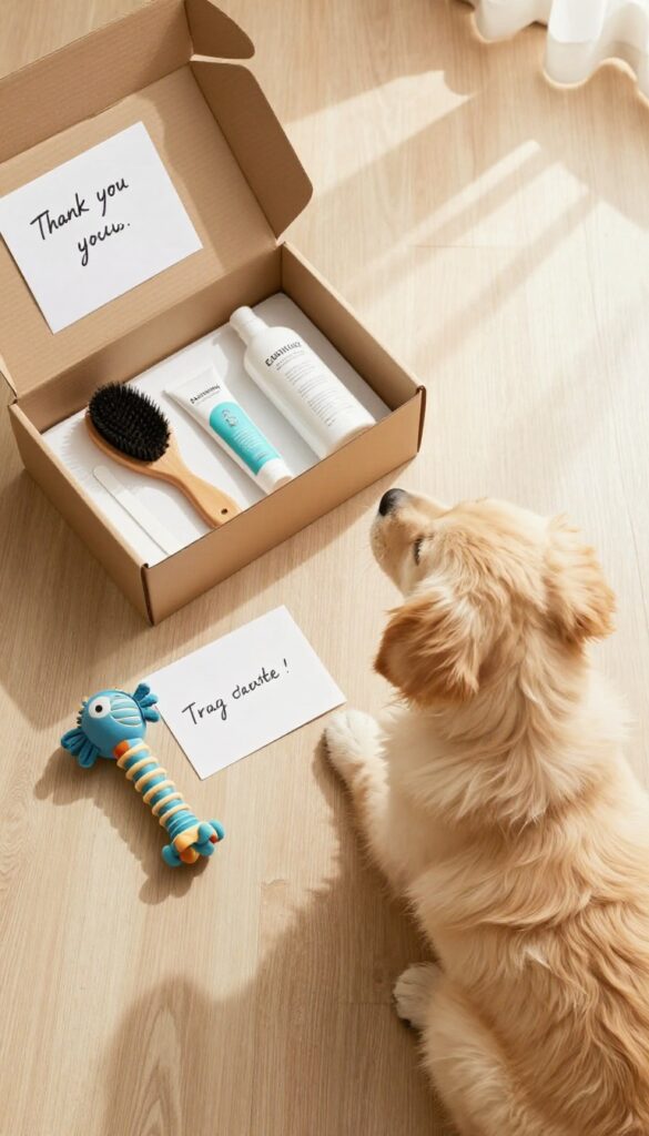 A subscription box for dog grooming products with a golden retriever puppy nearby