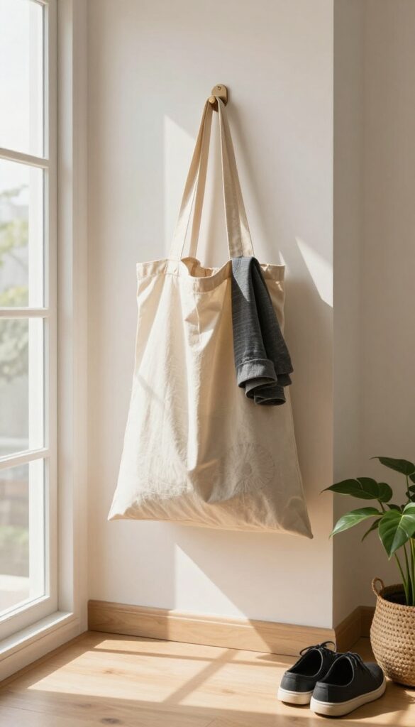 A donation bag hanging on a closet door, filled with clothes and shoes, in a bright, organized room.