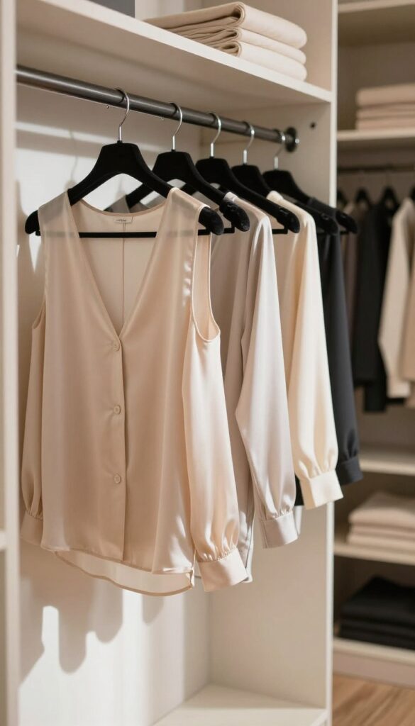 Velvet hangers holding silk and satin clothes in a bright, organized closet