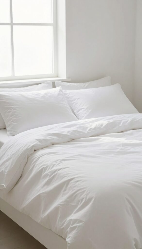 A neatly made bed in a bright, airy bedroom with natural light, creating a calm and organized atmosphere.