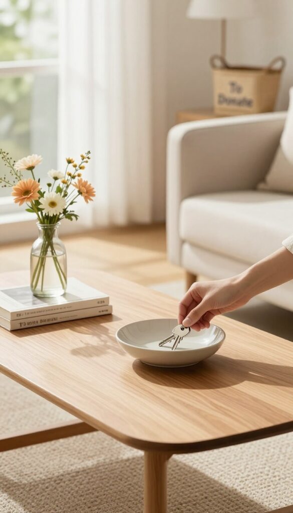 A person using the one-touch rule to immediately place keys in a designated bowl on a coffee table in a bright, organized living room.