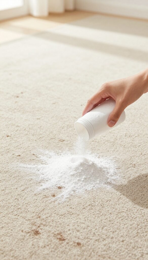 Hand sprinkling Borax powder on a dirty carpet in a hallway for deep cleaning