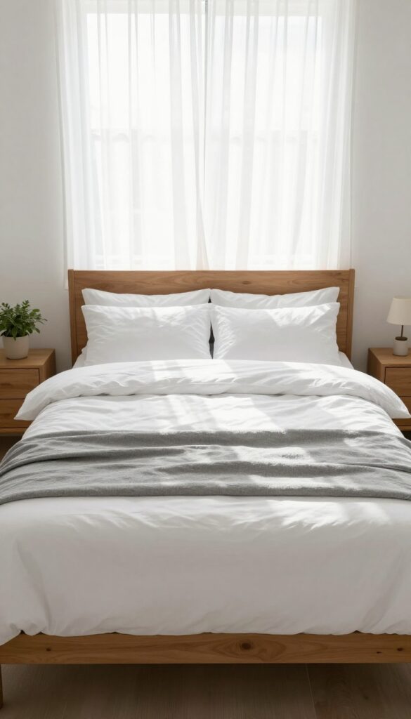 A neatly made bed in a sunlit bedroom, with white linens and pillows, creating a calm and organized atmosphere.
