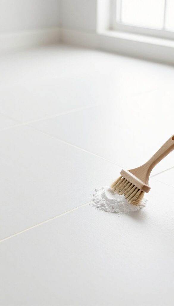 Clean tile floor with bright grout lines and cleaning tools