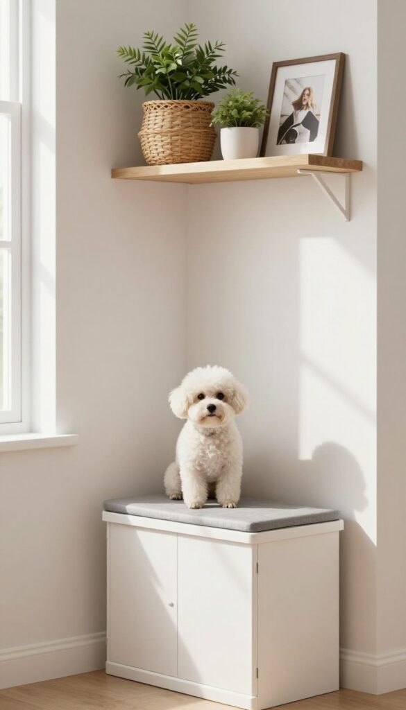 Dog crate with built-in storage shelves above and a side cabinet for concealed organization in a bright living room.