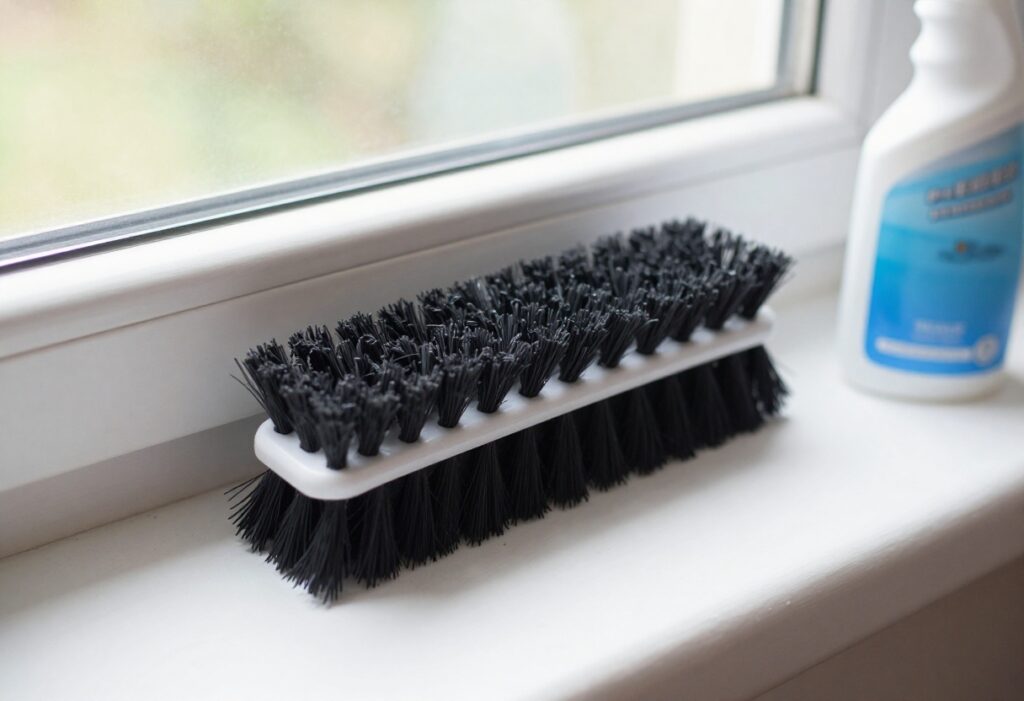 Close-up of a dirty window track with a cleaning brush and spray bottle