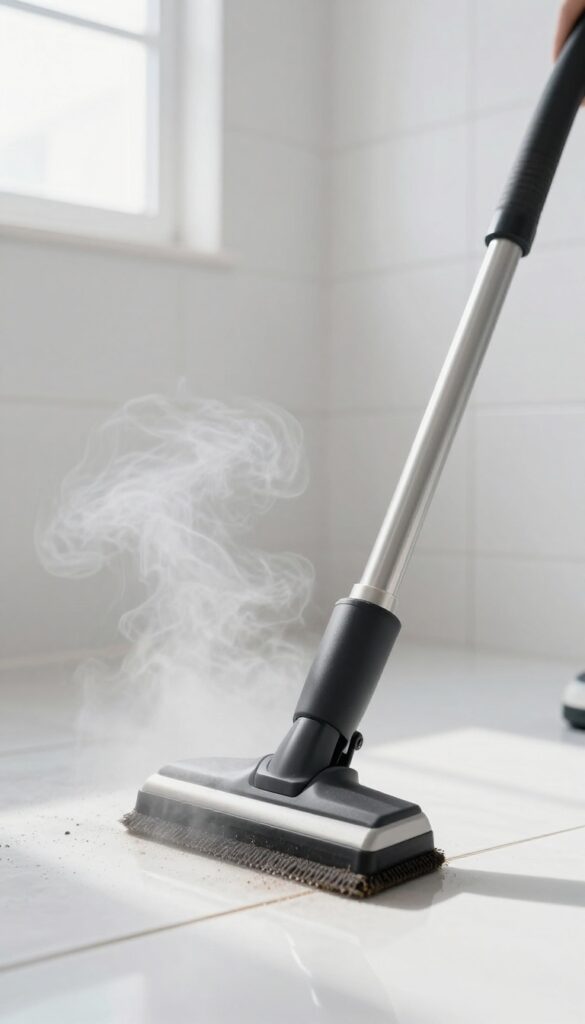Professional steam cleaning tile grout in a bright bathroom