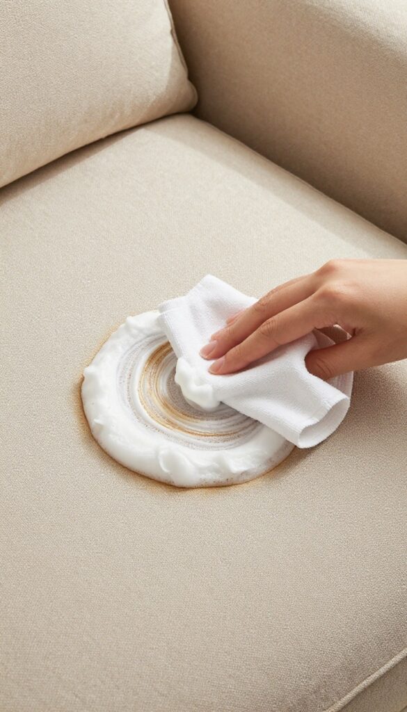 Applying shaving cream to a coffee stain on a beige couch cushion