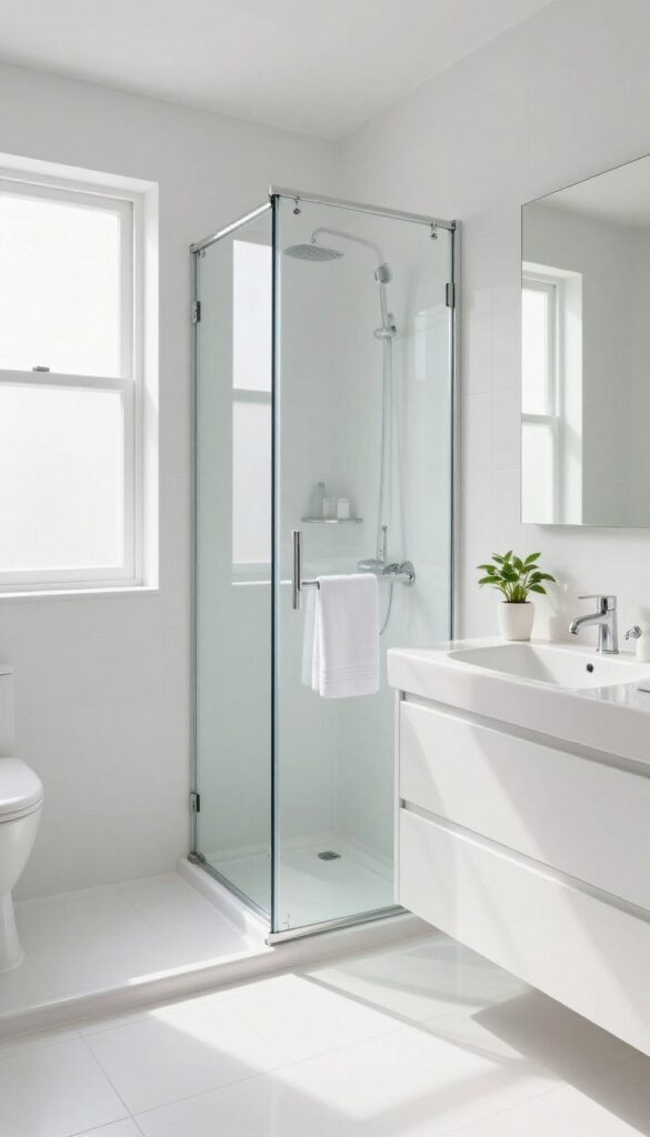 Clean white bathroom with sunlight, sparkling fixtures, and tidy towel