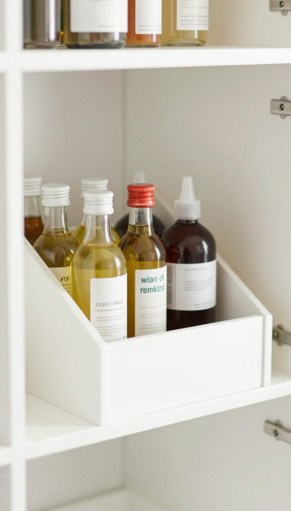 Spice rack mounted on cupboard door holding small cleaning bottles