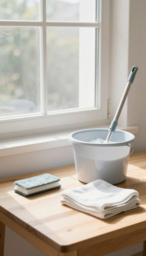Cleaning tools arranged on a table near a sunlit window, ready for window cleaning.