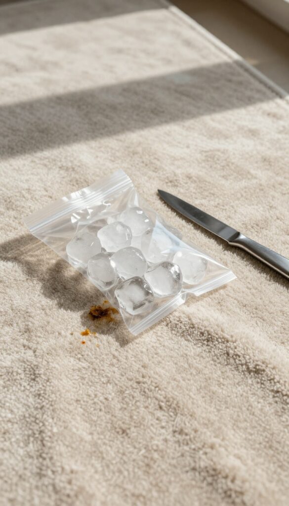 Ice cubes in a plastic bag on a rug with dried pet vomit, ready to freeze and scrape clean
