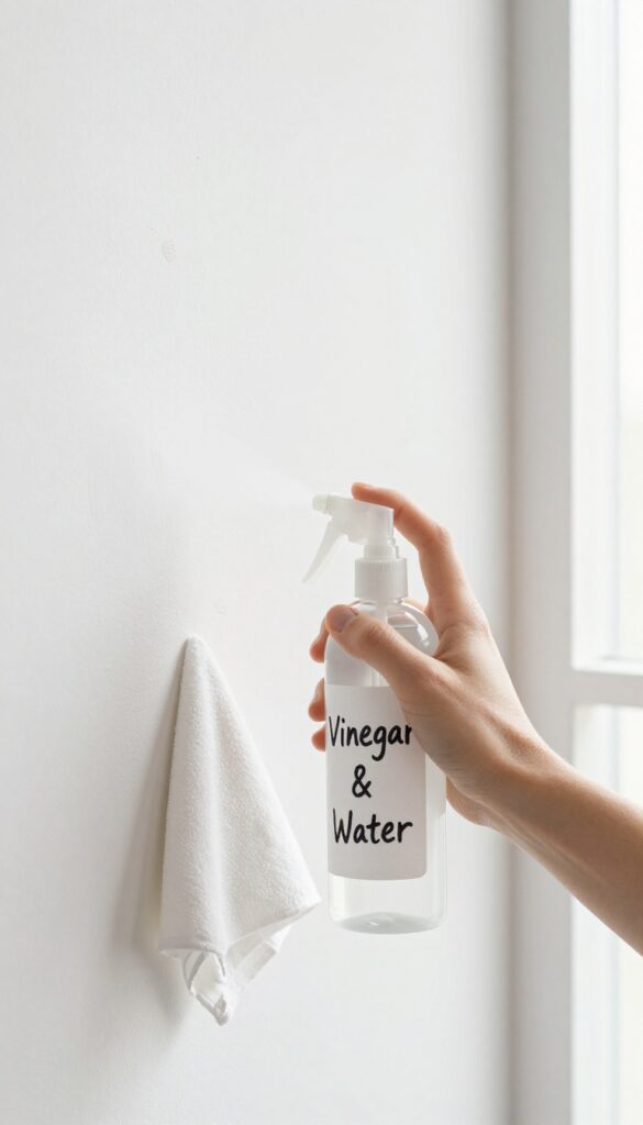 DIY all-purpose wall cleaner spray bottle and microfiber cloth on a bright white wall