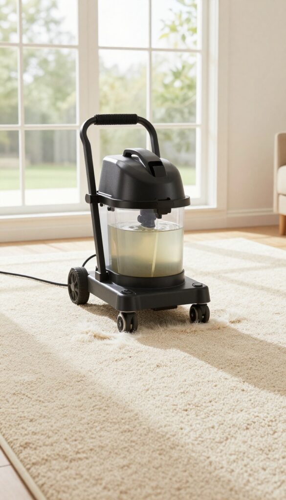 Professional carpet cleaning with hot water extraction machine in a bright living room