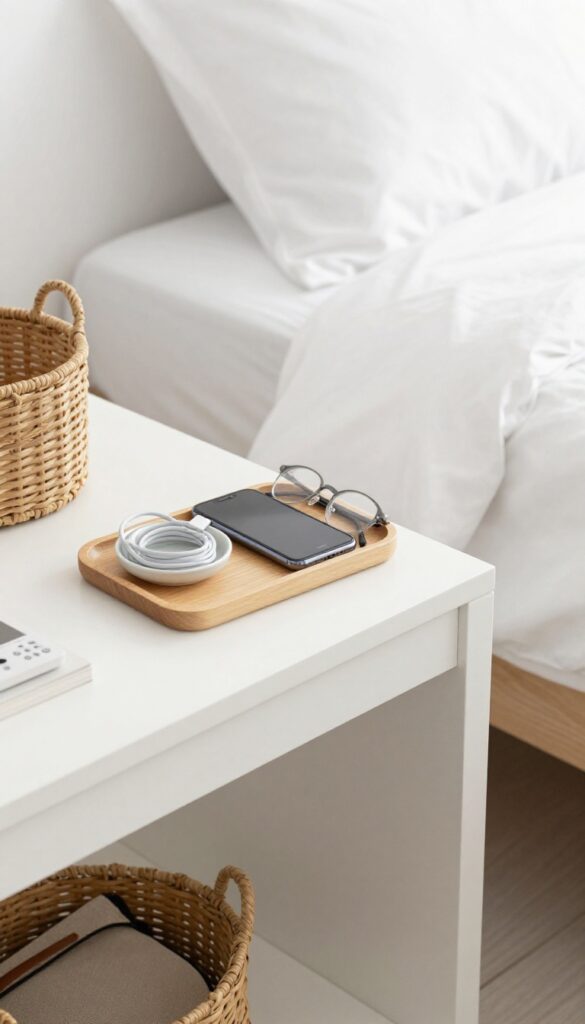 A clean nightstand with a tray holding phone, glasses, and remote, and a basket for a bag, illustrating designated homes for everyday items.