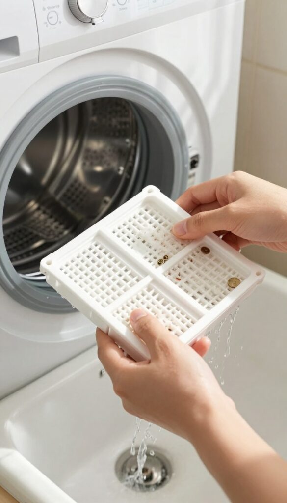 Hands cleaning a washer pump filter under running water in a bright laundry room