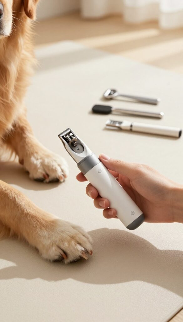 Person using a nail grinder on a golden retriever's paw in a bright, clean grooming setup