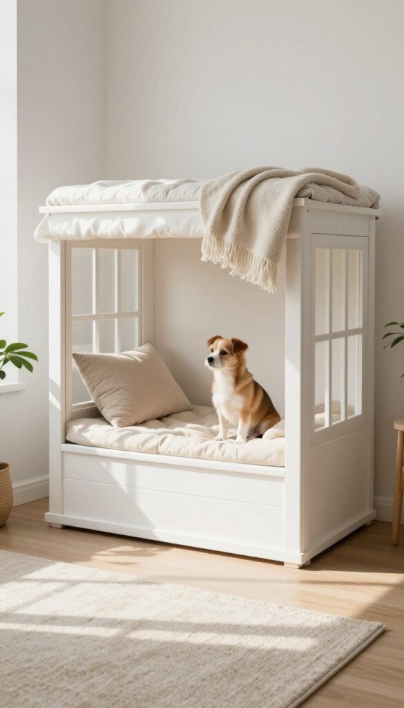 DIY dog crate cover with upholstered top styled as a window seat in a bright living room