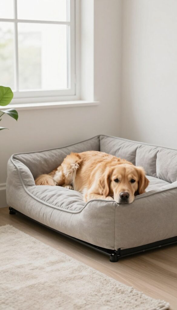 Dog crate with a fitted bed featuring a raised rim, a Golden Retriever resting its head on the rim, bright natural light, cozy living room setting