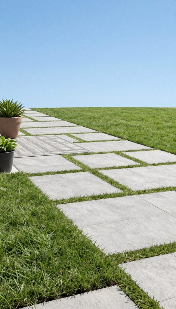 Modern backyard with a paver dog run, outdoor rug, and potted plant in bright daylight