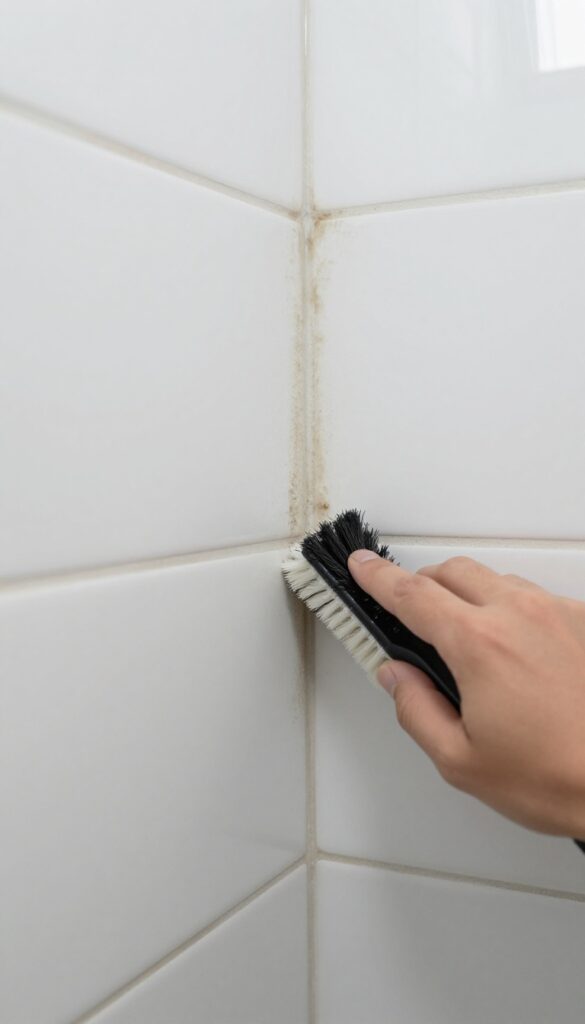 Hand scrubbing moldy shower grout with a stiff grout brush in bright natural light