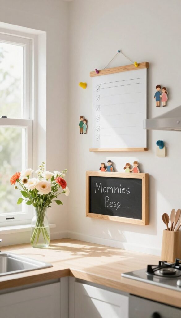 A chore wheel and tracker in a sunny kitchen, representing family cleaning responsibilities.