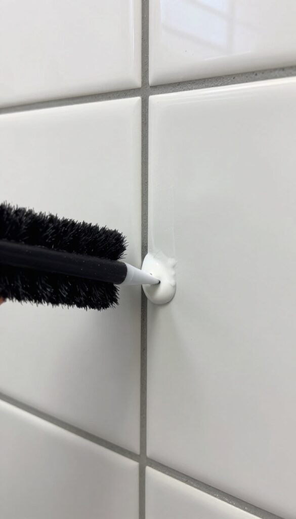 Applying bleach pen to moldy grout with a grout brush nearby
