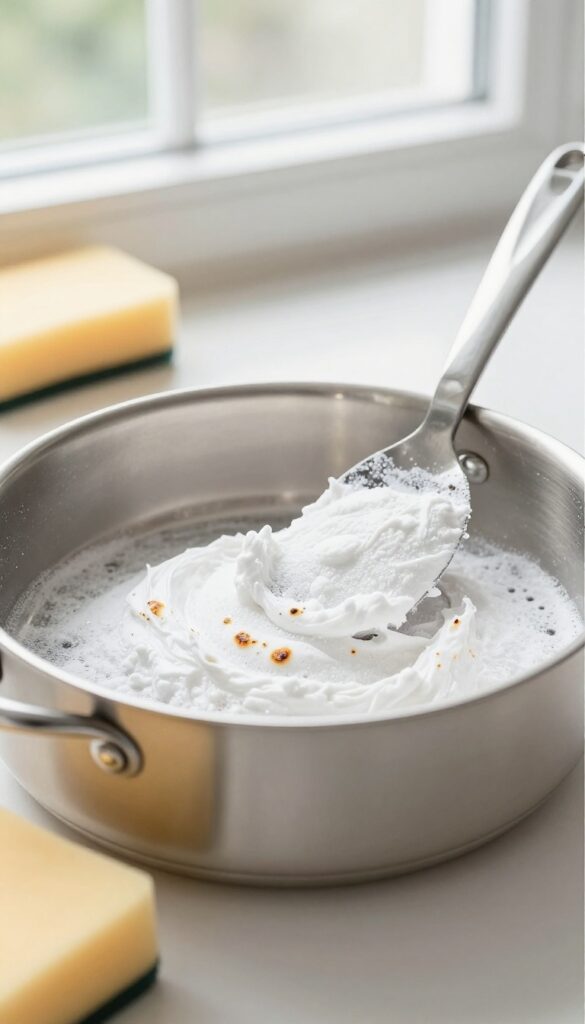 Close-up of a stainless steel pan with baking soda paste on burnt spots and a soft sponge nearby.