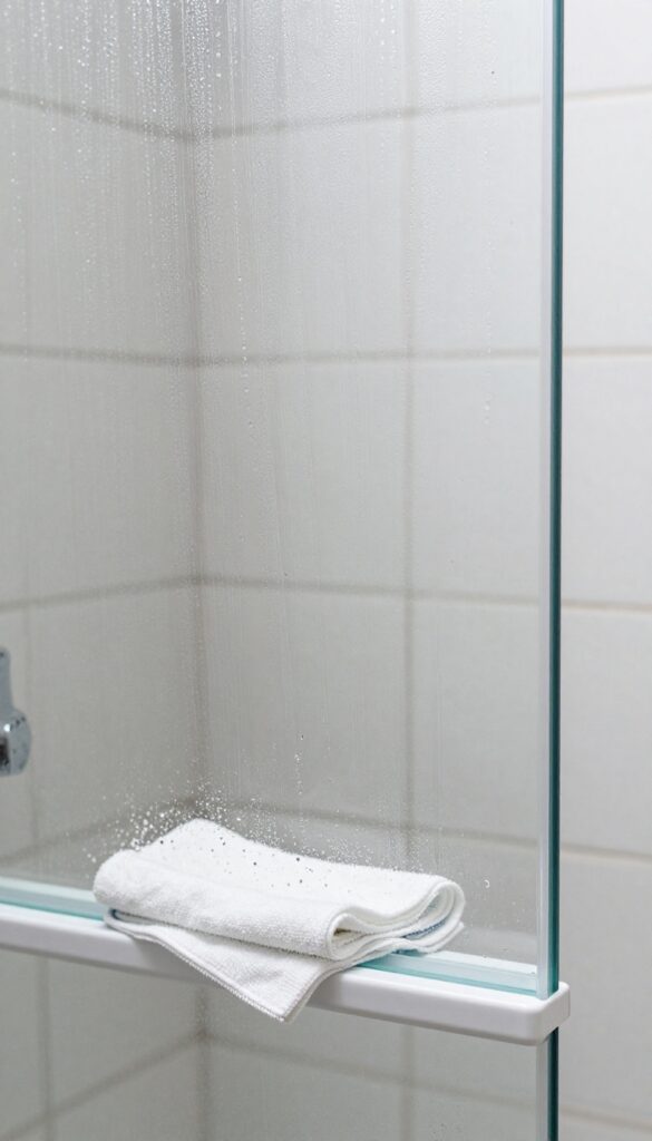 Close-up of a clear shower glass door with water beading up and rolling off after applying car wax, showcasing a hydrophobic barrier and streak-free shine.