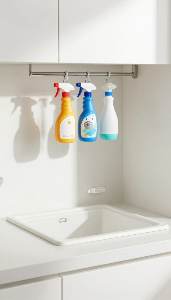 Under sink organization with tension rod holding spray bottles upside down
