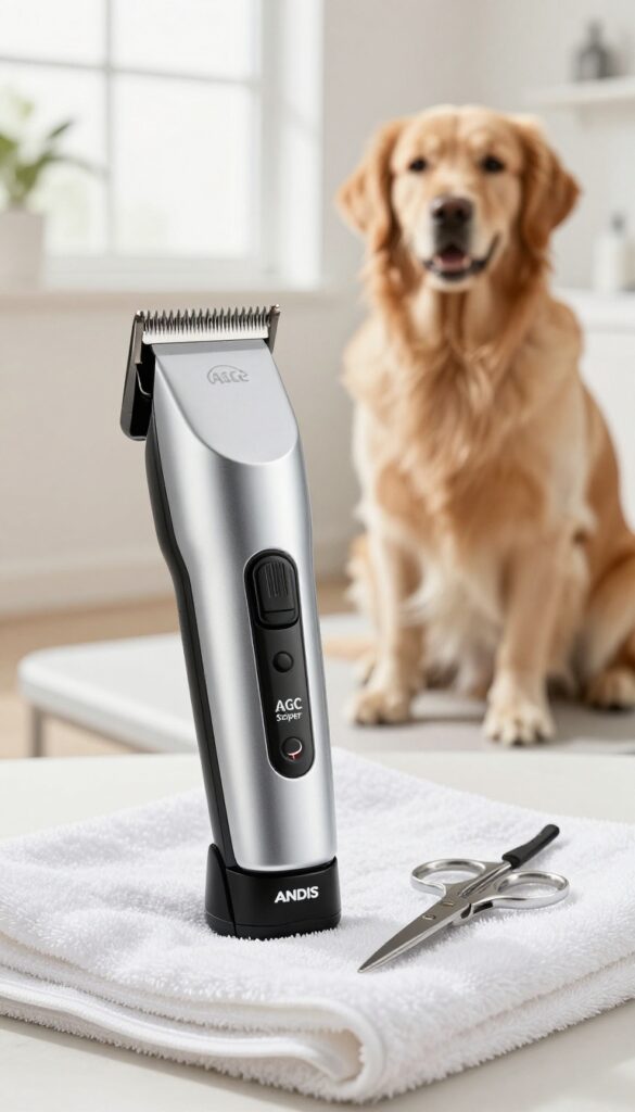 Andis AGC Super 2-Speed clipper on a white towel with a dog in the background
