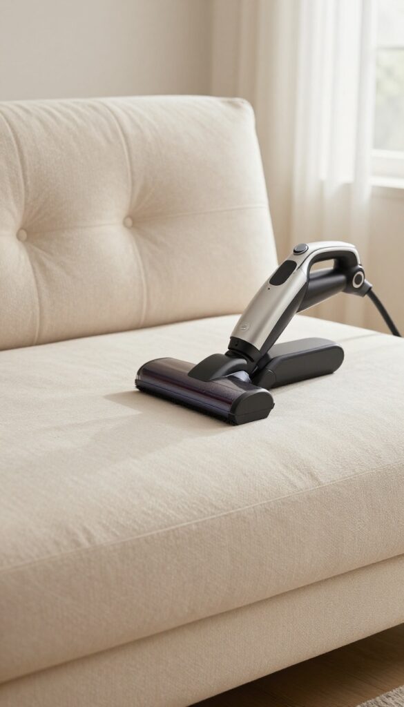Close-up of a fabric upholstered headboard being vacuumed with a brush attachment in a bright bedroom