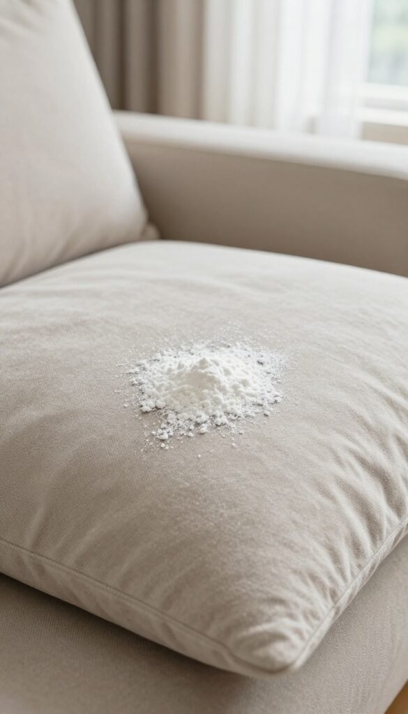Cornstarch sprinkled on a grease stain on a fabric couch cushion