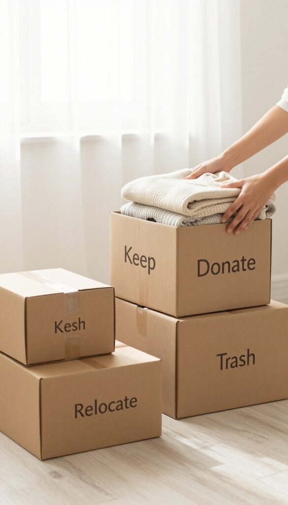 Four-box method for room cleaning with labeled boxes Keep, Donate, Trash, Relocate in a tidy bedroom